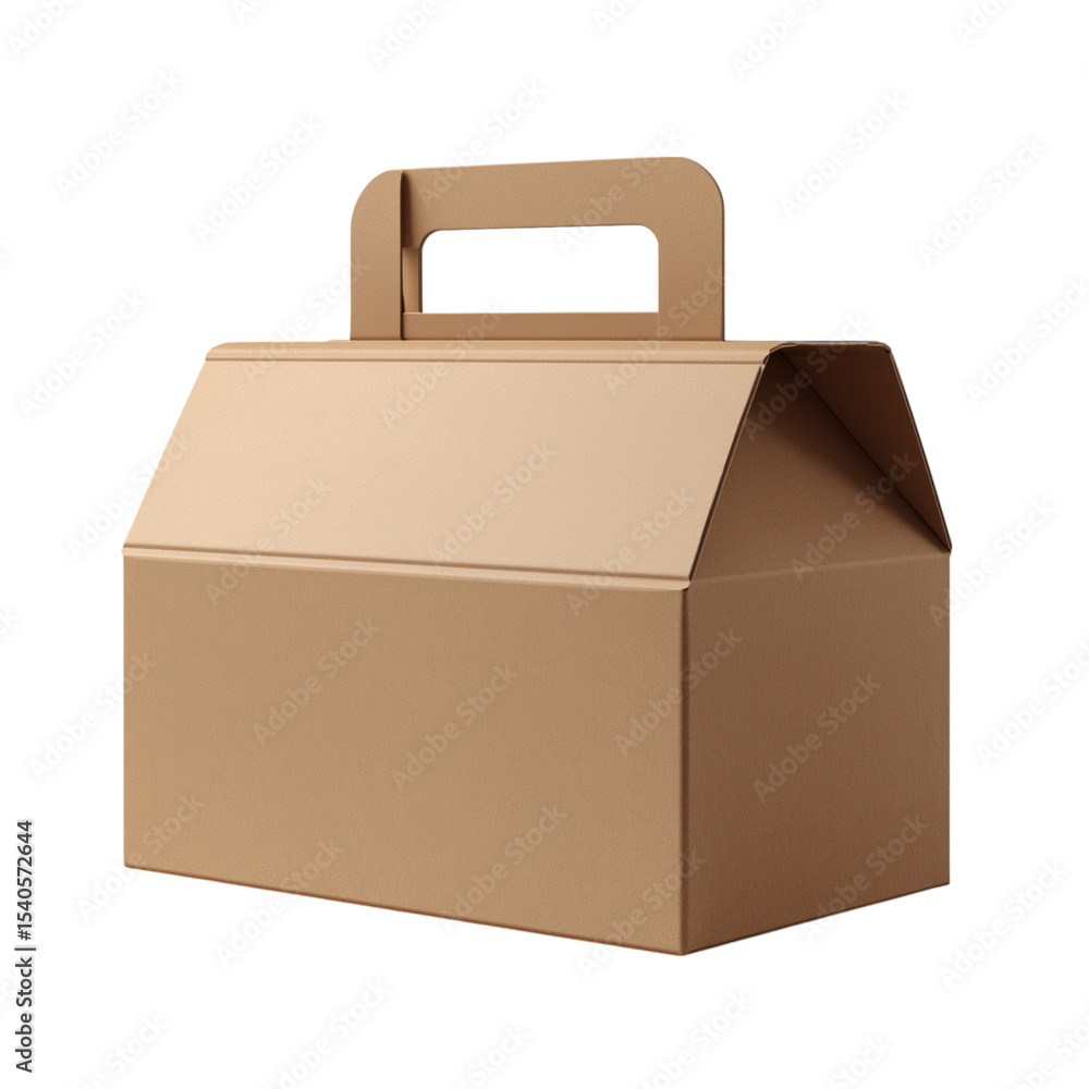 Cardboard food box with handle, in a brown color, front view, isolated on a transparent background, cutout PNG file Cardboard food box with handle, in a brown color, front view, isolated on a transparent background, cutout PNG file