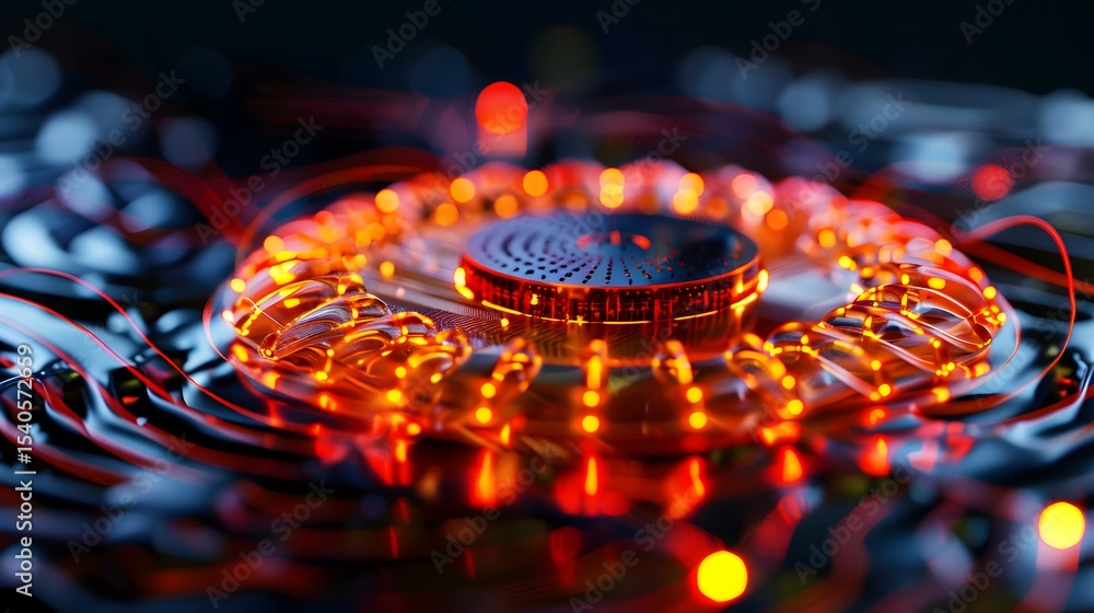 Abstract Technology Background Glowing Orange Circuit Board Red Wires Dark Blue Surface image Abstract Technology Background Glowing Orange Circuit Board Red Wires Dark Blue Surface image