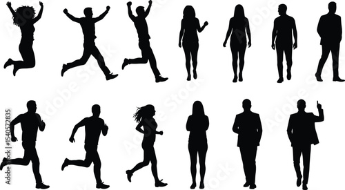 Silhouette vector of people running, walking, jumping, standing, male and female human figures, motion posture, shadow character illustration design