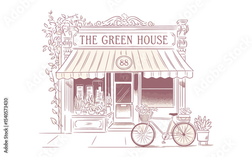 A vintage-style illustration in sepia tones of a small storefront called "THE GREEN HOUSE".