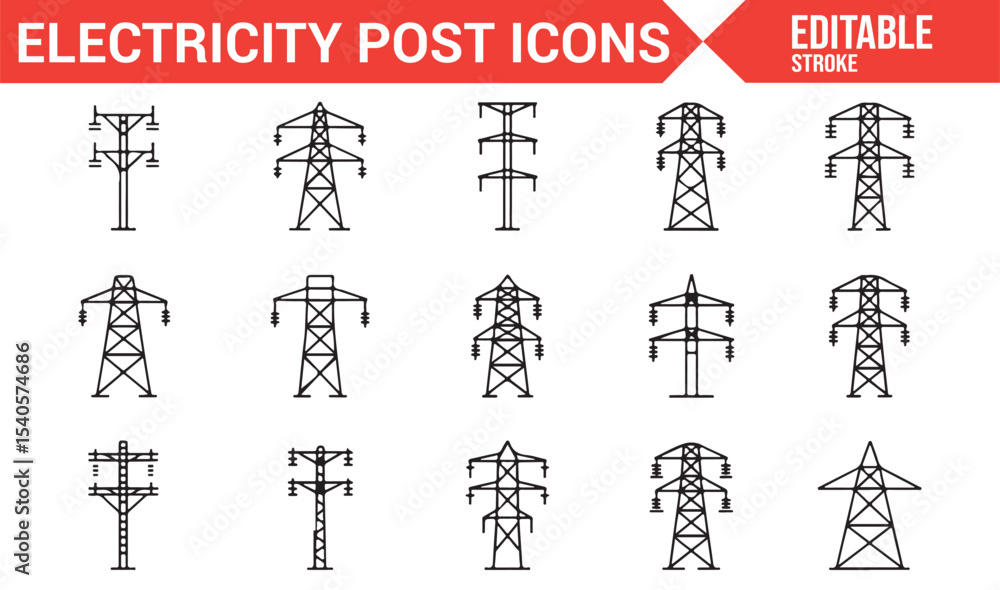 Set of Transmission Tower Icons for Electricity Supply and Infrastructure Set of Transmission Tower Icons for Electricity Supply and Infrastructure