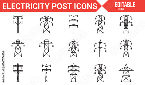 Cuadro en lienzo Set of Transmission Tower Icons for Electricity Supply and Infrastructure