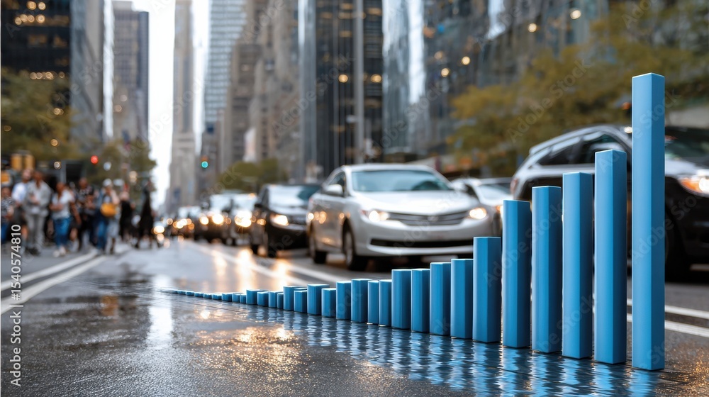 Fototapeta premium A blue line of bars is on the ground in front of a busy street
