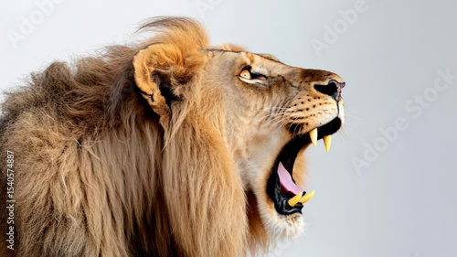 a lion roaring in stunning detail, isolated on white to highlight its wild essence for creative text placement.