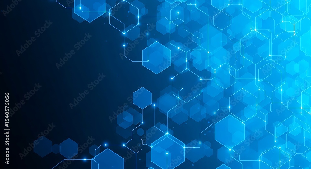 Fototapeta premium Blue hexagonal technology network background, digital abstract design with geometric shapes and glowing lines, futuristic data communication and blockchain tech concept template