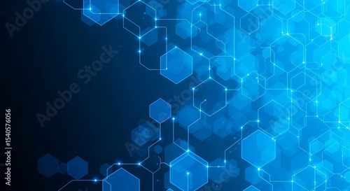 Blue hexagonal technology network background, digital abstract design with geometric shapes and glowing lines, futuristic data communication and blockchain tech concept template