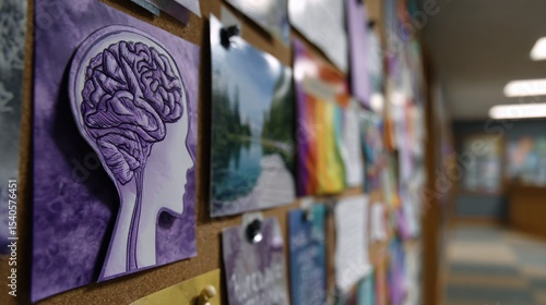 A bulletin board with a purple head cut out and a rainbow on the right