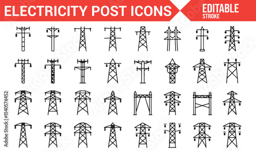 Set of Simple Line Icons Depicting Power Towers and Electrical Post Structures