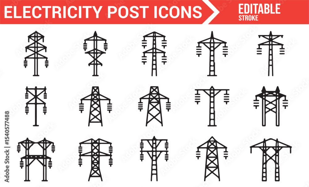 Set of Transmission Tower Icons for Electricity Supply and Infrastructure Set of Transmission Tower Icons for Electricity Supply and Infrastructure