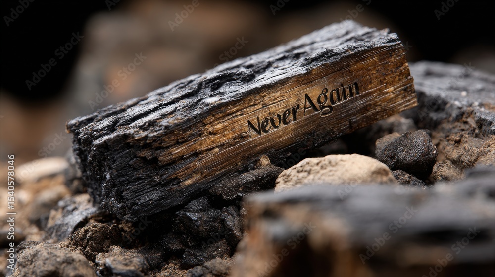 A piece of wood with the words Never Again written on it A piece of wood with the words Never Again written on it