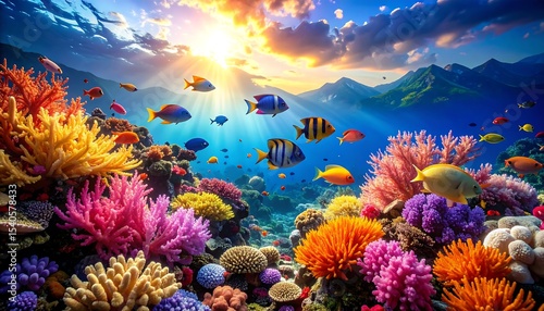 Fototapeta Naklejka Na Ścianę i Meble -  Vibrant Coral Reef Sunset Paradise.