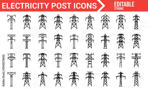 Vector Set of Electrical Power Tower Icons for Transmission and Distribution