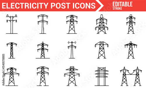 Minimalist Line Icons for Electricity Transmission Towers and Power Posts