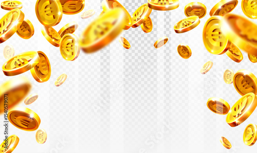 Euro Realistic gold coins explosion on white background. Vector illustration