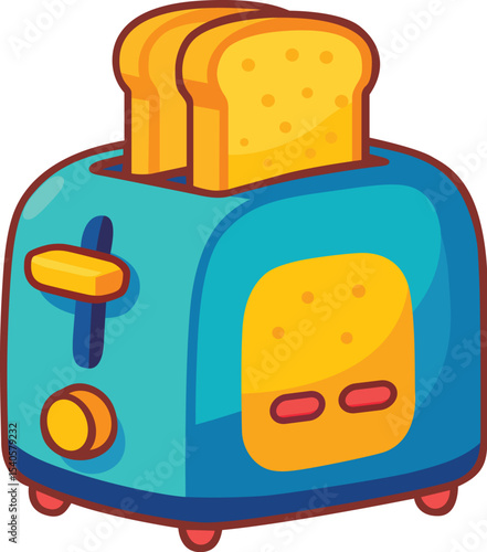 Toaster bread breakfast kitchen appliance blue yellow cartoon slice toasted morning snack food electric cheerful home domestic retro colorful