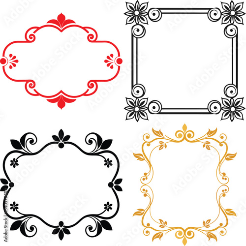 Assorted Decorative Floral Frames in Black, Red and Gold on White Background