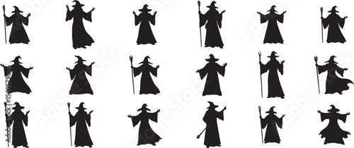 Wizard silhouette vector art collection of magical sorcerers and witches for halloween designs and crafts