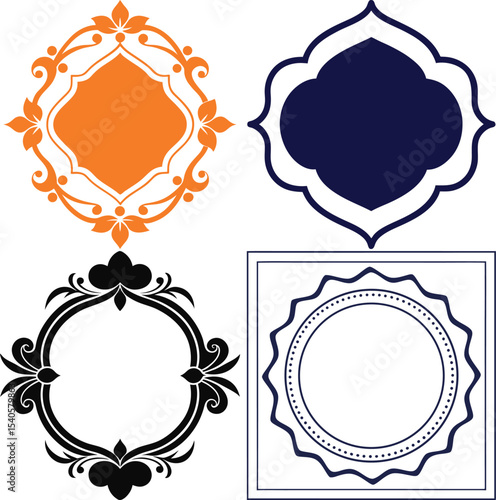 Decorative Orange, Navy Blue and Black Set with Floral Corners