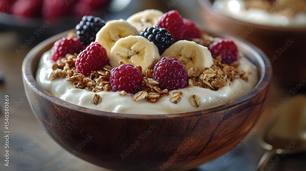 A rustic wooden bowl filled with creamy yogurt and vibrant fruits and granola A rustic wooden bowl filled with creamy yogurt and vibrant fruits and granola