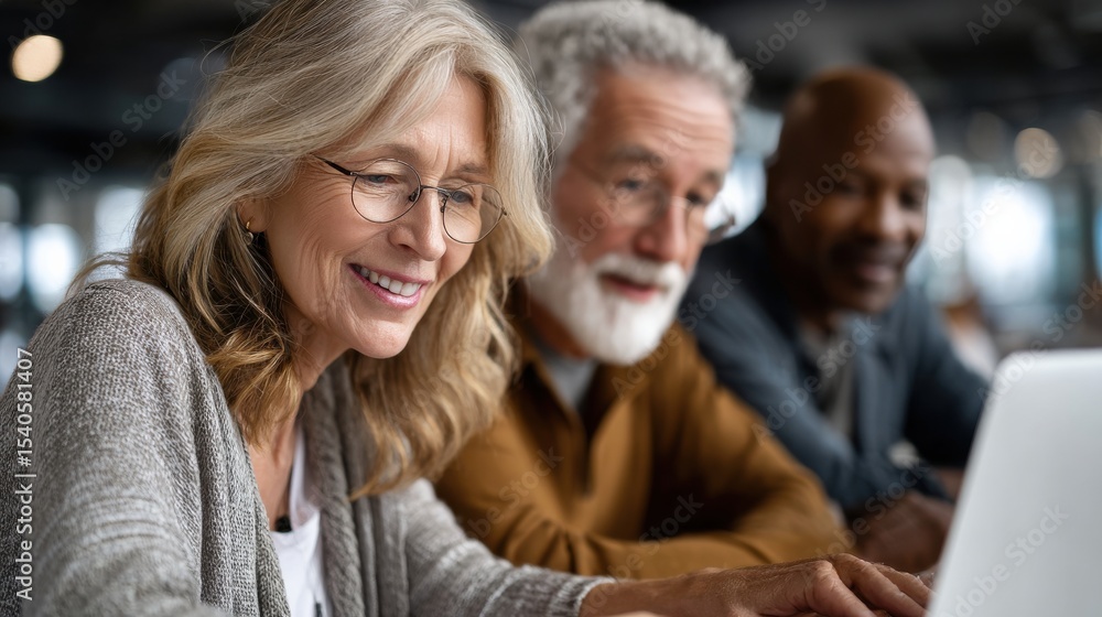 A woman with glasses is smiling at a laptop while two men look on A woman with glasses is smiling at a laptop while two men look on