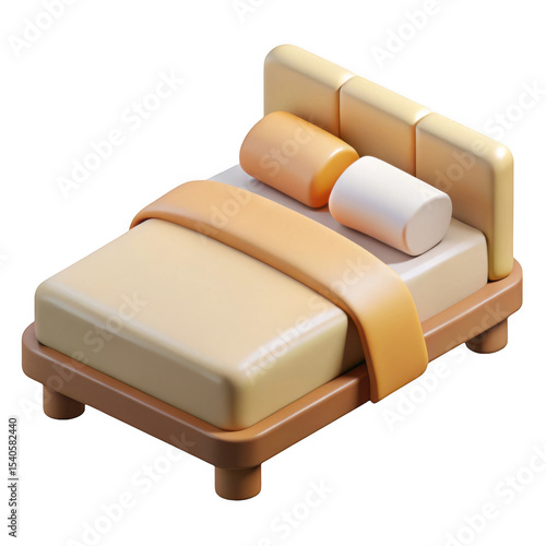 3d cartoon bed render isometric view isolated on transparent background