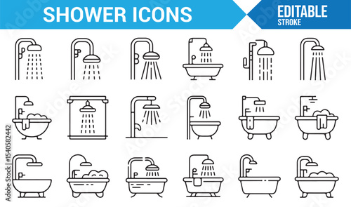Vector Set of Shower and Bathtub Icons Representing Water Flow and Bathing Fixtures