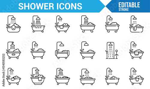 Shower and Bathing Icons Set: Simple Line Art Representing Fixtures and Water