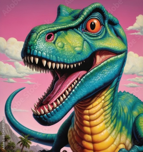Animated Tyrannosaurus Rex Close-Up with Mouth Open in Jungle Landscape