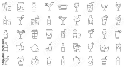 Line art icon set of various beverages and drink containers for diverse designs