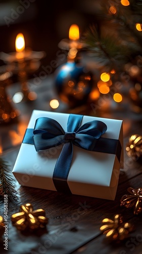 A gift box wrapped in a blue ribbon on a festive holiday table  long title A neatly wrapped present rests on a wooden surface surrounded by glowing