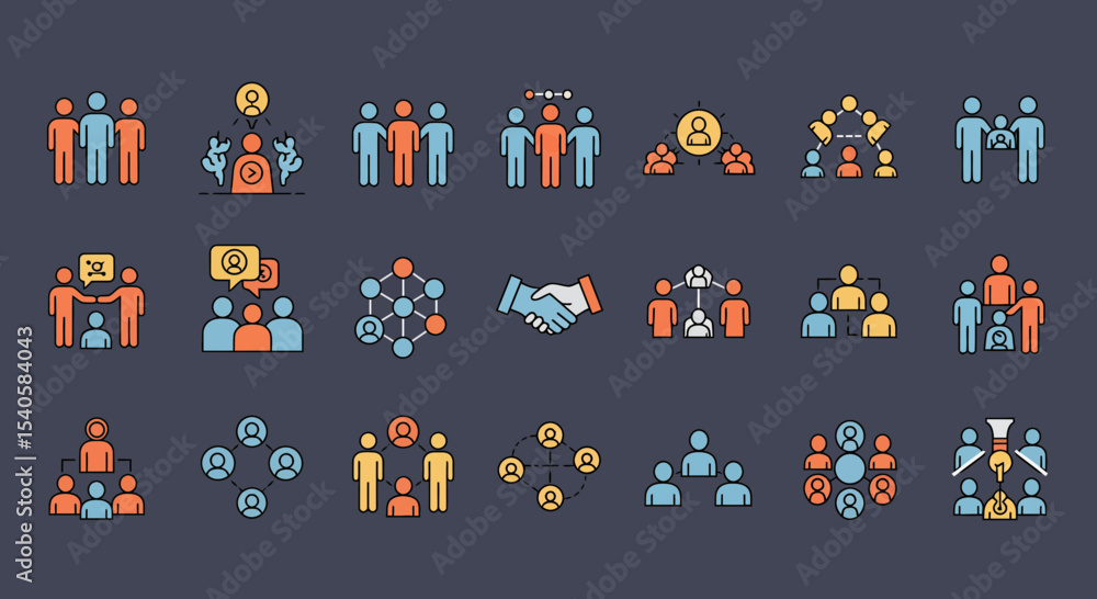 Obraz premium Diverse colorful vector icons depicting social structure and team relationships
