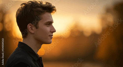 Young man contemplating life at sunset, portrait with golden hour light