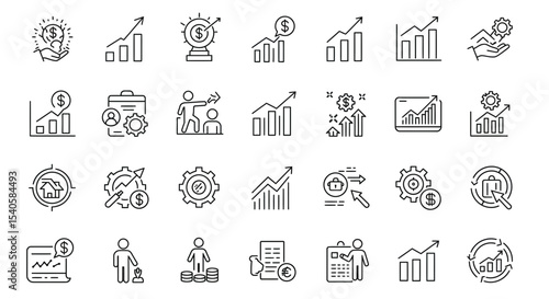 Financial growth and success line icons showcasing market trends and investment strategies