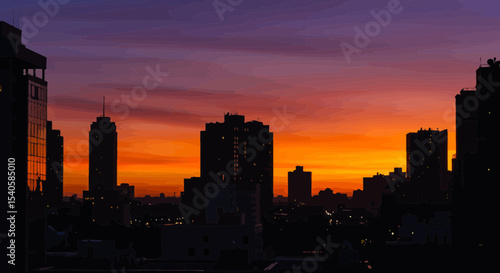 Dramatic cityscape silhouette against vibrant sunset sky, urban skyline view