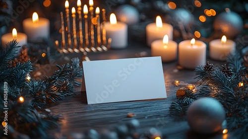 Festive Hanukkah table with glowing menorah and blank gift card