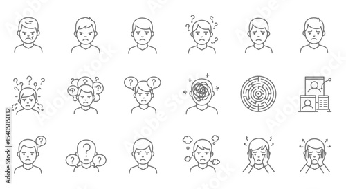 Line art depicting various negative emotions and mental states using human figures