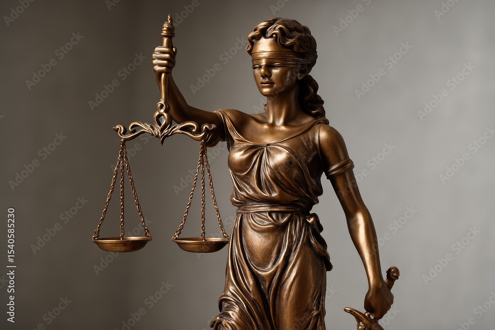 A detailed bronze statue representing justice with scales and sword. A detailed bronze statue representing justice with scales and sword.