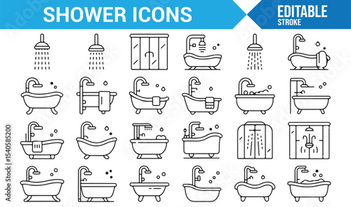 Shower and Bathtub Icons for Wellness and Hygiene in Simple Vector Style