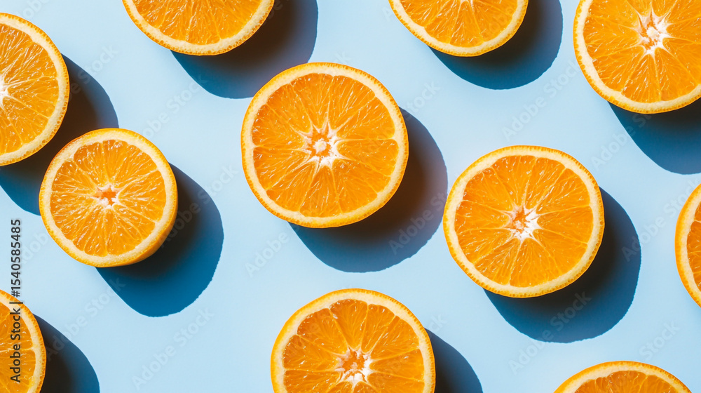 Orange slices are scattered across a bright blue background, creating a vibrant and refreshing pattern with strong shadows. Orange slices are scattered across a bright blue background, creating a vibrant and refreshing pattern with strong shadows.