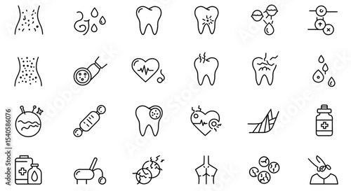 Collection of medical and health icons, health condition and diseases illustration