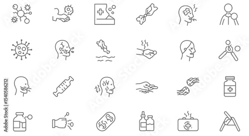 Collection of Line Art Vector Icons Representing Various Medical and Health Related Concepts