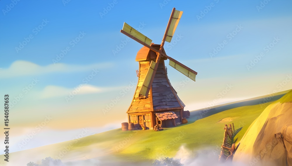 Obraz premium Wooden windmill stands tall on sunny hill under blue sky