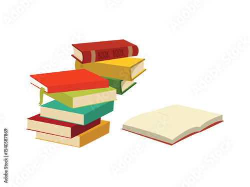 set of random colorful books placed on each other and one book are open white background