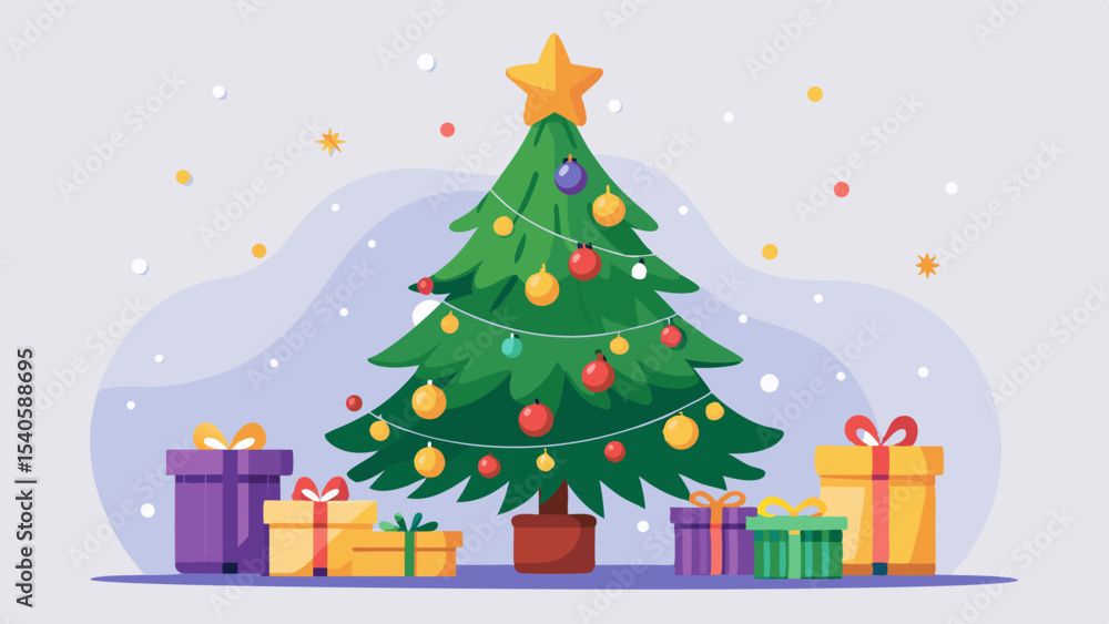 Obraz premium Decorated Christmas Tree with Ornaments and Gifts Underneath Ready for Celebration.