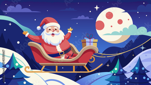 Santa Flying in Sleigh with Reindeer Over Snowy Night Scene Background.