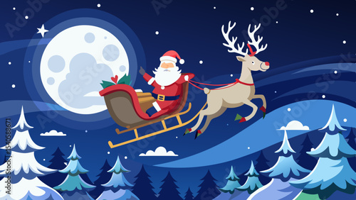 Santa Flying in Sleigh with Reindeer Over Snowy Night Scene Background.