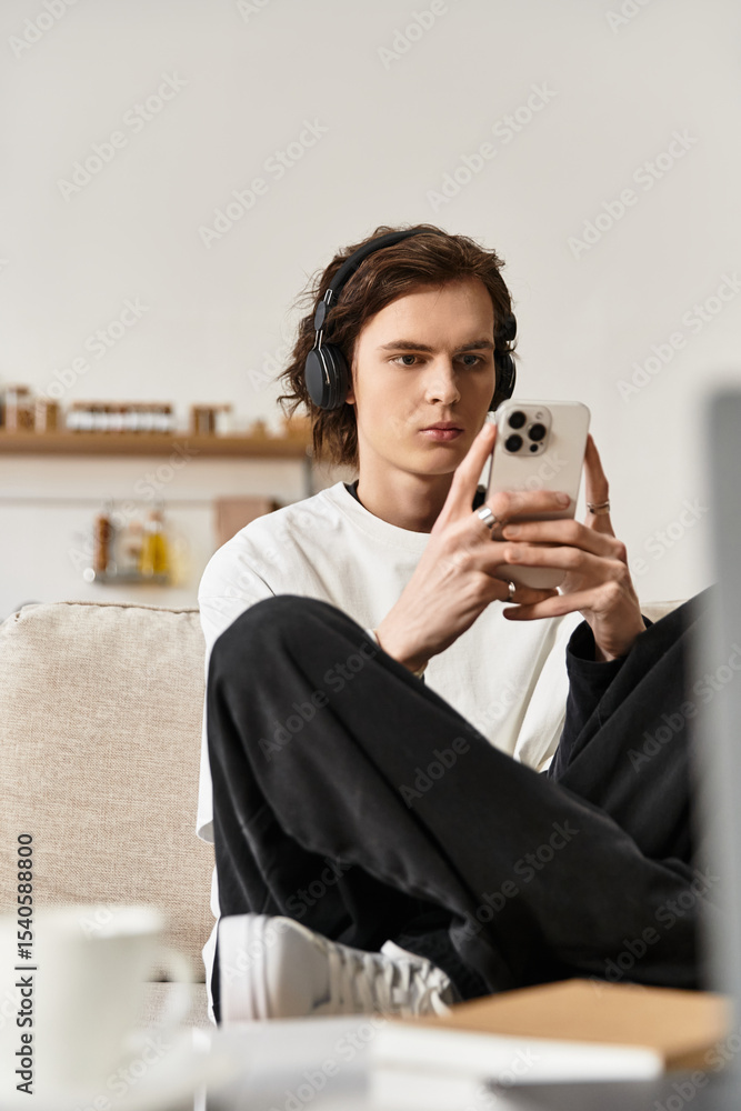 Fototapeta premium Young man enjoys leisure time at home while focused on his smartphone in cozy attire