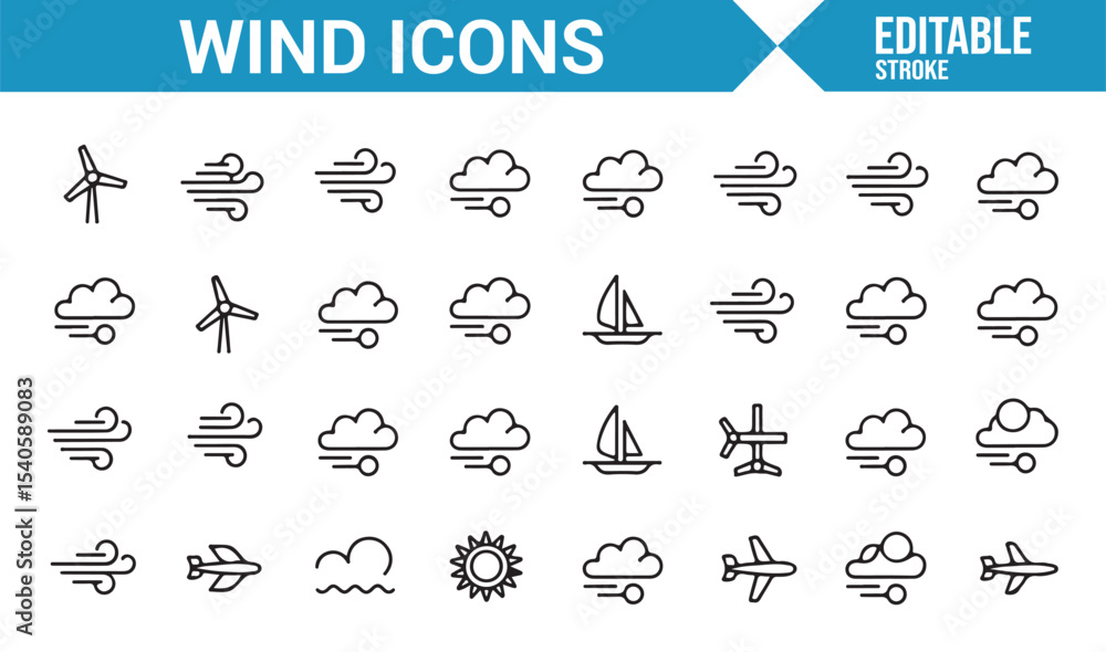 Fototapeta premium Set of Wind Icons: A Collection of Minimalist Line Drawings Representing Various Wind and Weather Symbols, Including Wind Gusts, Clouds, Airplanes, and Weather Patterns in Simple, Clean Design.