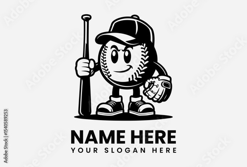 A cartoon baseball stands ready with bat and glove, a logo design.