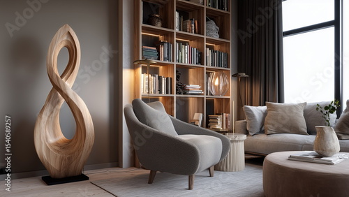 A cozy living room with earth-tone furniture and a tall abstract wood sculpture positioned beside a bookshelf, organic curves and grain of the sculpture.